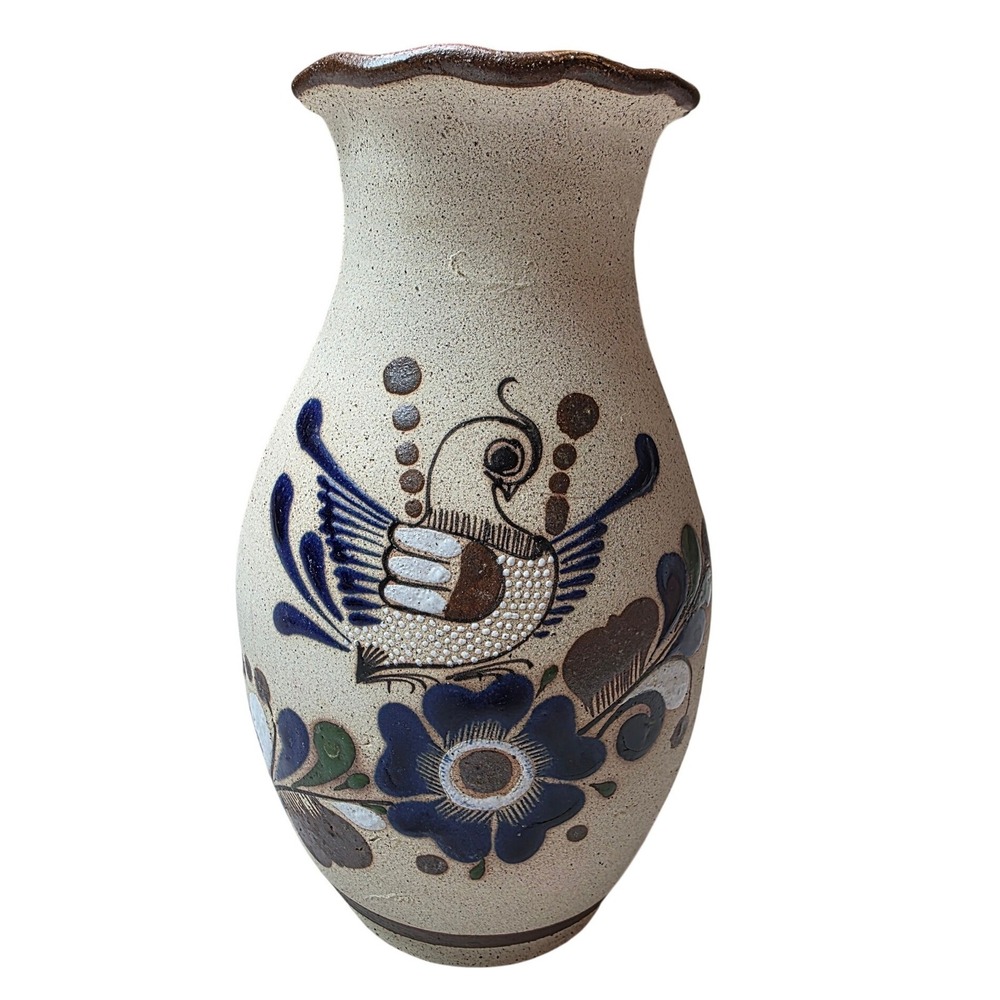 Vintage Tonala Mexican Pottery Vase Hand Painted Bird Floral Scalloped 9.25" E1